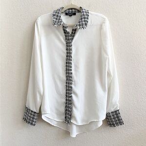 Ellen Tracy‎ Button-Up Tweed Trim Tunic Blouse White Black Size Small